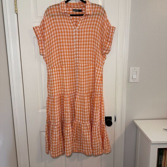 Lauren Ralph Lauren Dress Size 12 Vilma Gingham Linen Shirt Midi Orange White - Picture 4 of 8
